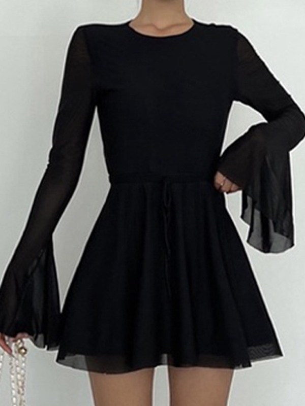 Solid Color Mesh Splice Backless Flare Sleeve Mini Dress-1