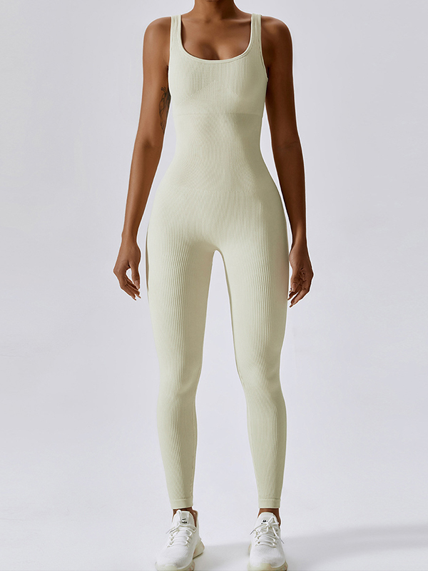 Solid Elastic U Neck Jumpsuit-1