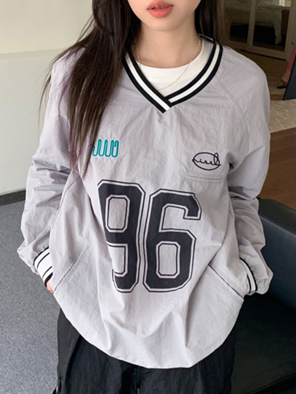 Number Print V Neck Thin Sweatshirt-2