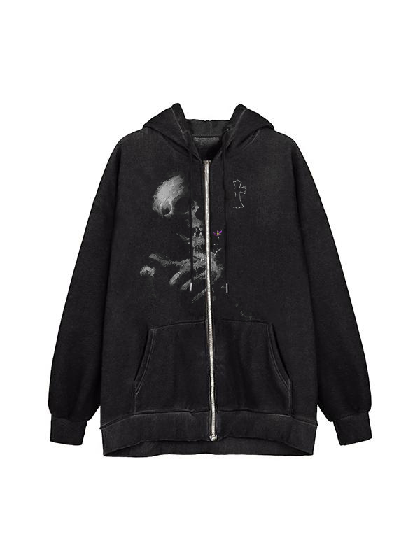 Street Blurred Skull Print Zip Up Oversized Hoodie-1