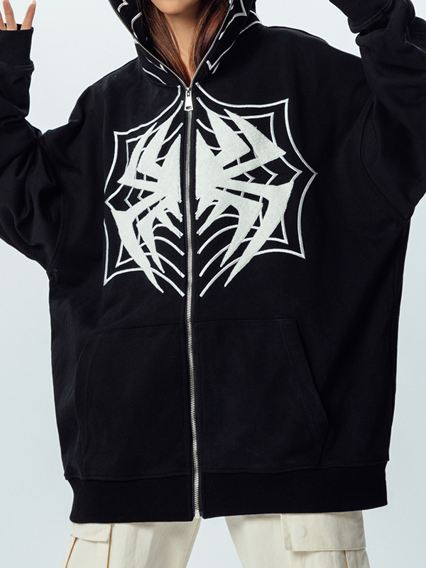 Contrast Color Spider Print Full Zip Oversized Hoodie-2