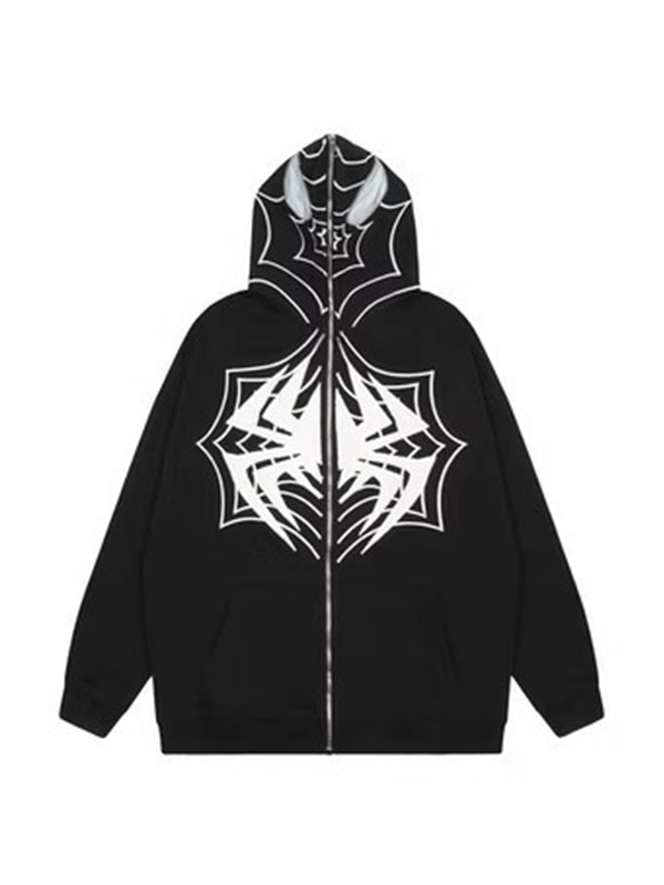 Contrast Color Spider Print Full Zip Oversized Hoodie-3