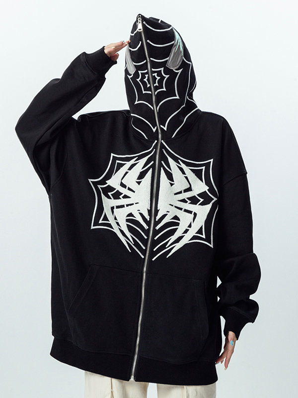 Contrast Color Spider Print Full Zip Oversized Hoodie-1