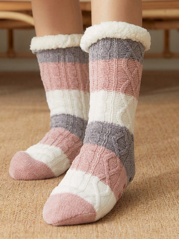 Color Block Striped Fleece Lined Home Socks-1
