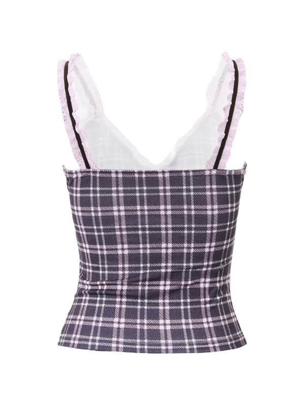 Lace Splice Plaid V Neck Tie Front Cami Top-5