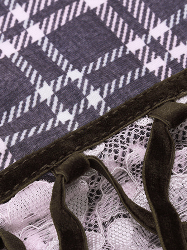 Lace Splice Plaid V Neck Tie Front Cami Top-6