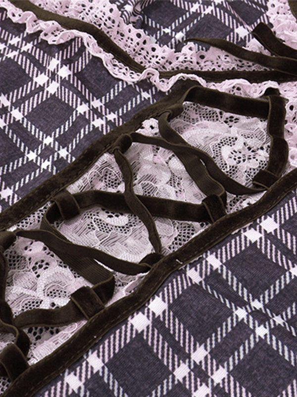 Lace Splice Plaid V Neck Tie Front Cami Top-7