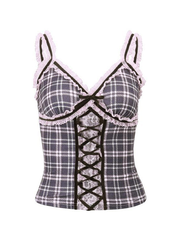Lace Splice Plaid V Neck Tie Front Cami Top-4